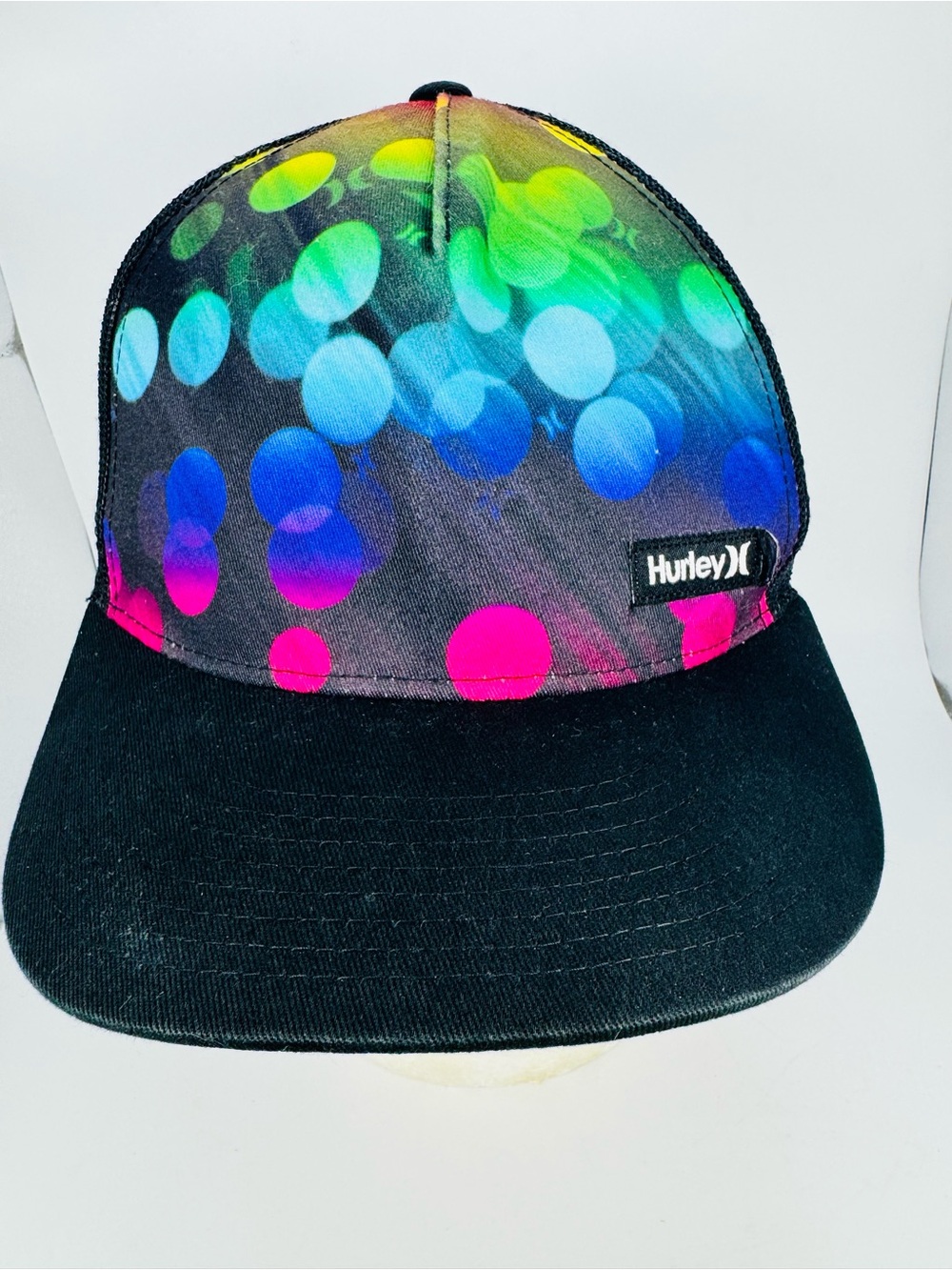 Hurley Colorful Rainbow Bokeh Dot SnapBack Mesh Trucker Hat Black Brim